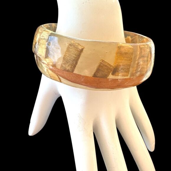 Vintage scalloped wood Dmd resin unique bangle bracelet 3” diameter - Picture 7 of 13